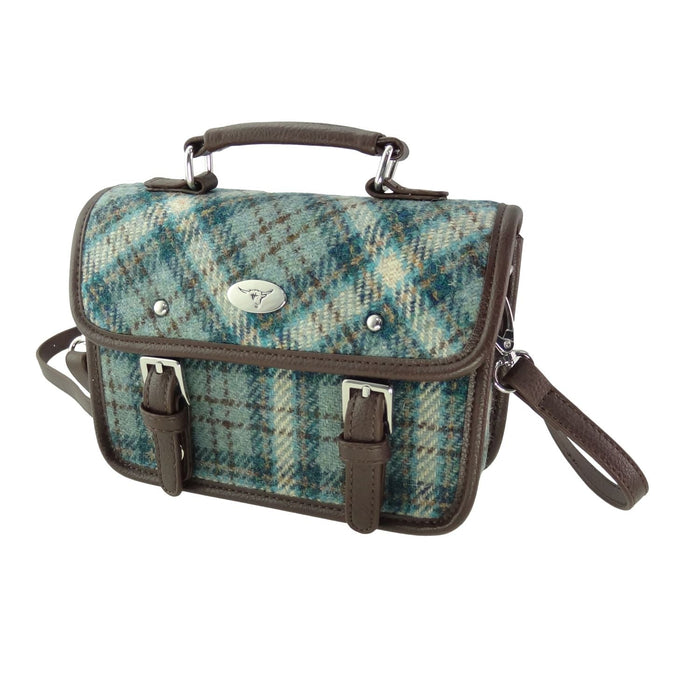 Harris Tweed Bervie Mini Satchel - Compact Tartan Satchel Bag - Heritage Of Scotland - Duck Egg / Cream Tartan (COL121)