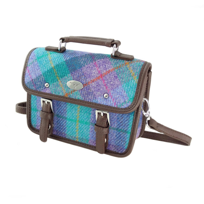 Harris Tweed Bervie Mini Satchel - Compact Tartan Satchel Bag - Heritage Of Scotland - Green & Purple Tartan (COL079)