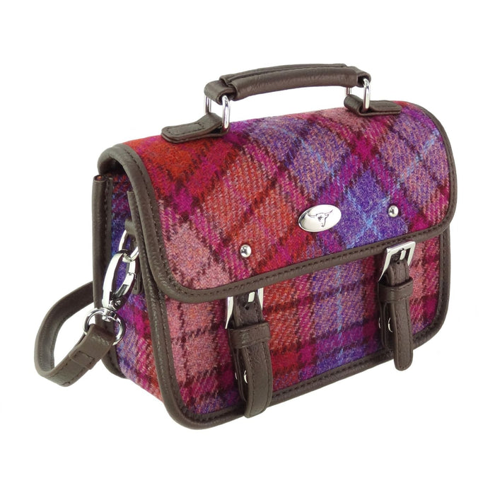 Harris Tweed Bervie Mini Satchel - Compact Tartan Satchel Bag - Heritage Of Scotland - Orange/Purple Tartan (COL142)