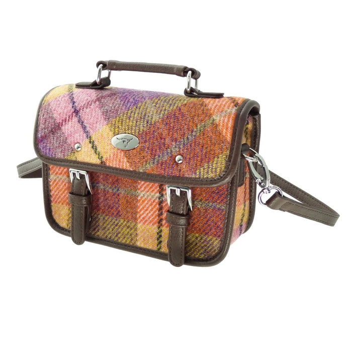 Harris Tweed Bervie Mini Satchel - Compact Tartan Satchel Bag - Heritage Of Scotland - Peach and Purple Tartan (COL124)