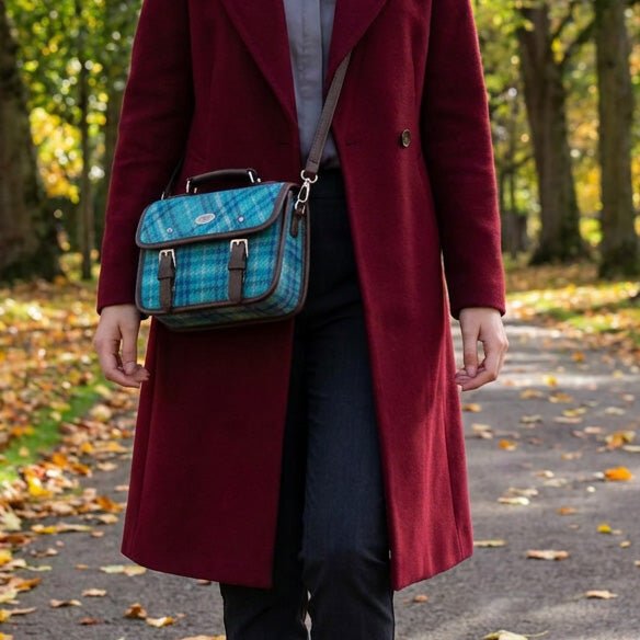 Harris Tweed Bervie Mini Satchel - Compact Tartan Satchel Bag - Rust with Orange Overcheck (COL117) - Heritage Of Scotland -