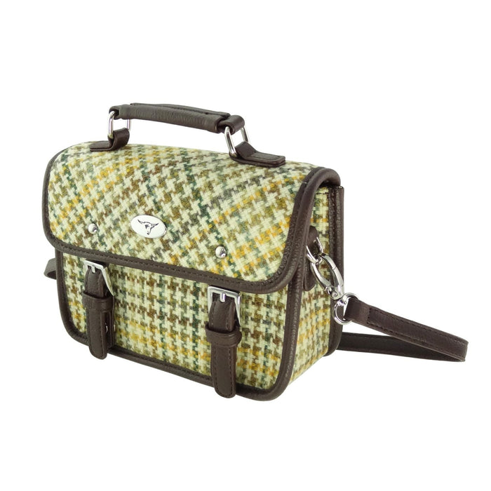 Harris Tweed Bervie Mini Satchel - Compact Tartan Satchel Bag - Heritage Of Scotland - Yellow, Green & Brown Dogtooth (COL149)