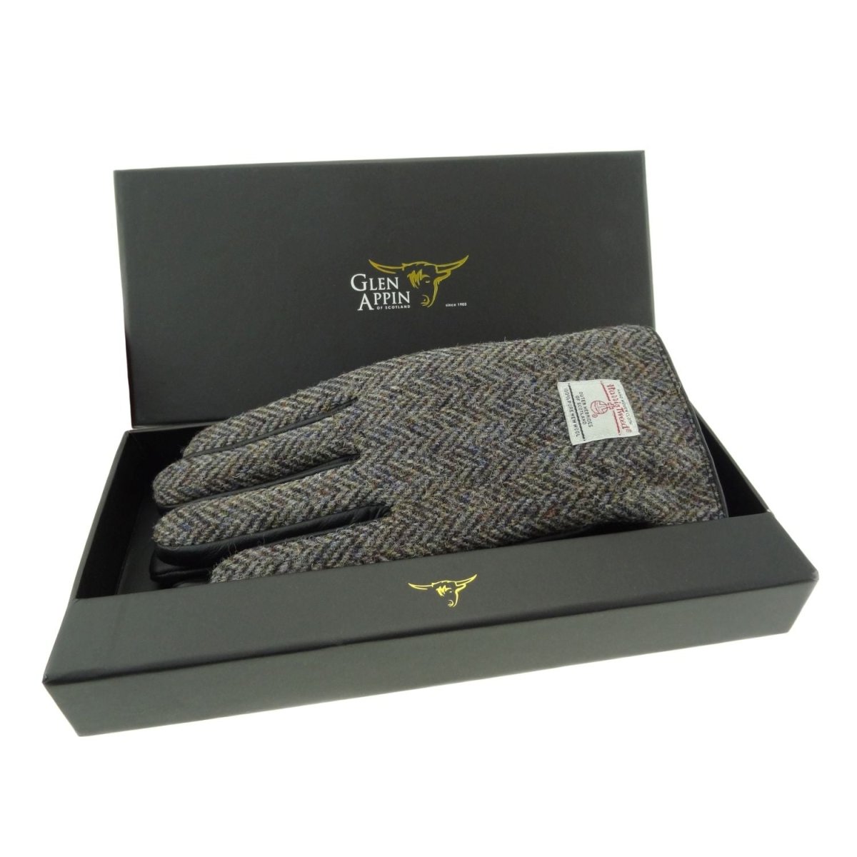 Harris Tweed & Black Leather Men’s Gloves – Luxury Boxed Gift in Heather Herringbone (COL007) - Heritage Of Scotland - L
