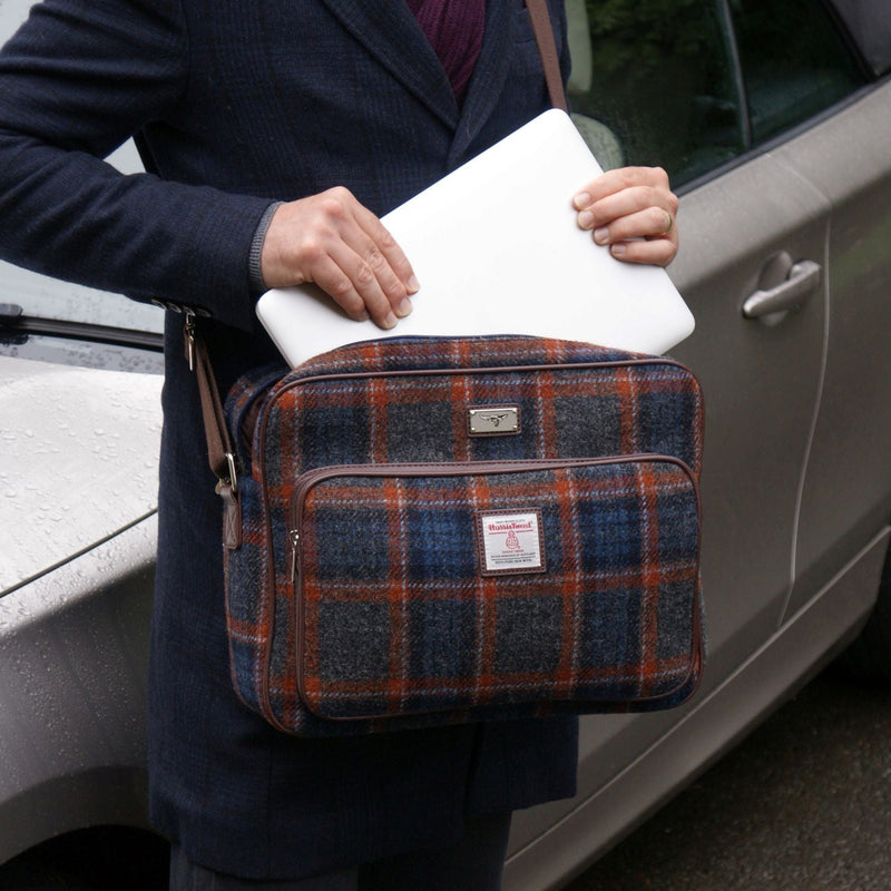 Harris Tweed Bowmont Messenger Bag - Large Laptop Bag - Made in the UK - Heritage Of Scotland - Rust Overcheck (COL127)