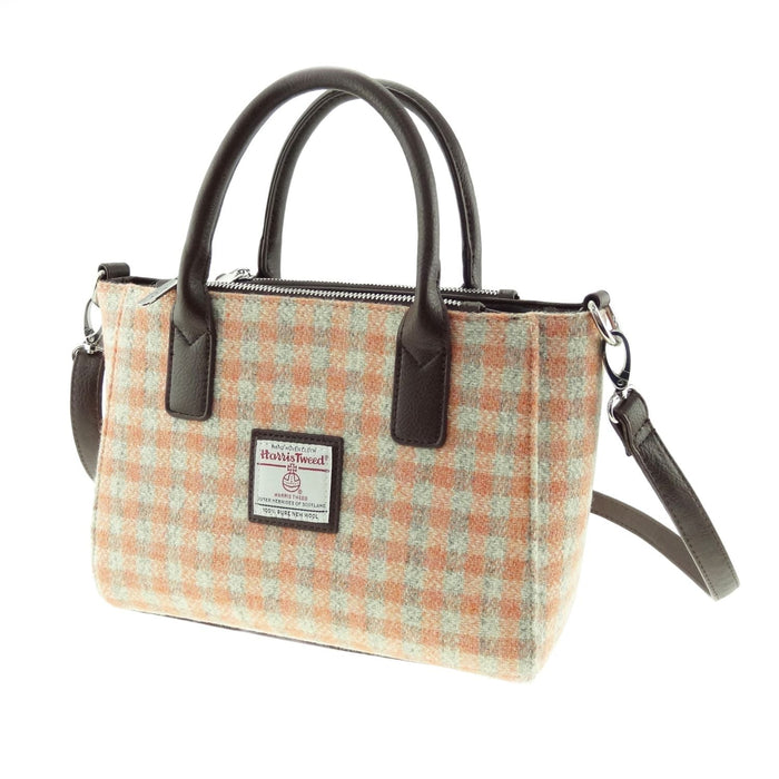 Harris Tweed Brora Small Tote - Compact Wool Tote Bag - Heritage Of Scotland - Coral Gingham (COL105)