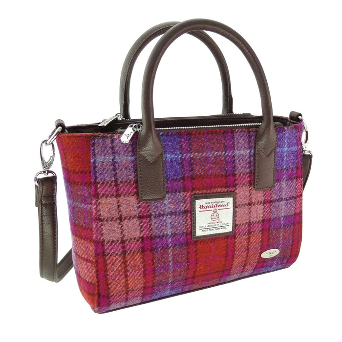 Harris Tweed Brora Small Tote - Compact Wool Tote Bag - Heritage Of Scotland - Orange/Purple Tartan (COL142)