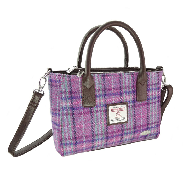 Harris Tweed Brora Small Tote - Compact Wool Tote Bag - Heritage Of Scotland - Purple & Mint Check (COL146)