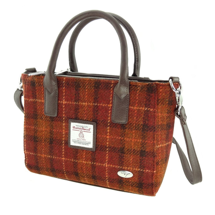 Harris Tweed Brora Small Tote - Compact Wool Tote Bag - Heritage Of Scotland - Rust with Orange Overcheck (COL117)