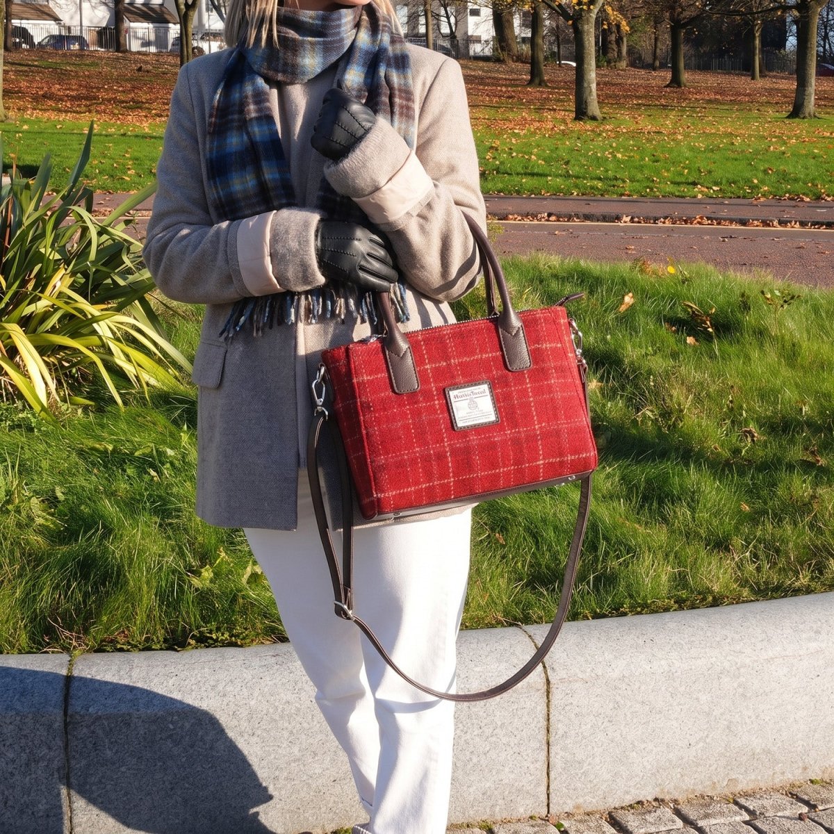 Harris Tweed Brora Small Tote - Compact Wool Tote Bag - Teal & Blue Check (COL145) - Heritage Of Scotland -