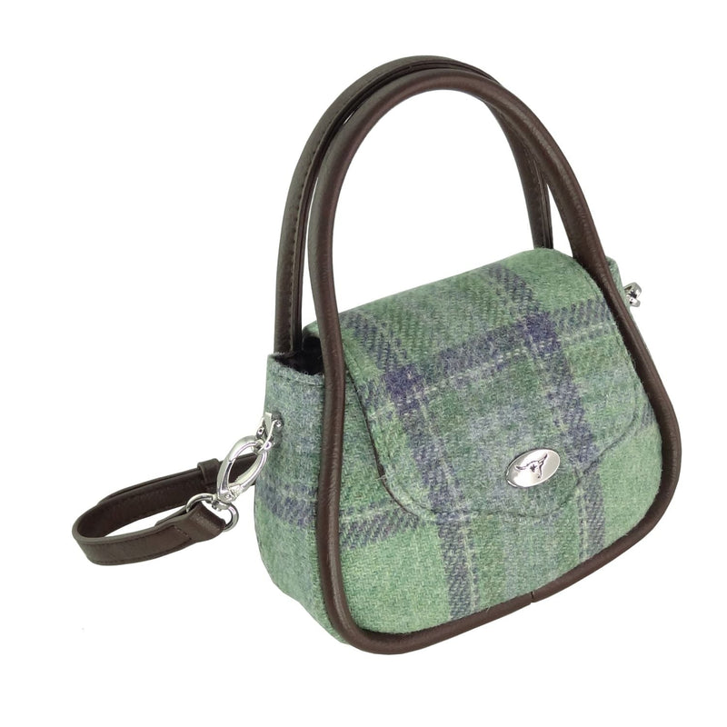 Harris Tweed Buchan Round Mini Handbag - Small Wool Handbag Made in UK - Heritage Of Scotland - Faded Green Stewart (COL139)