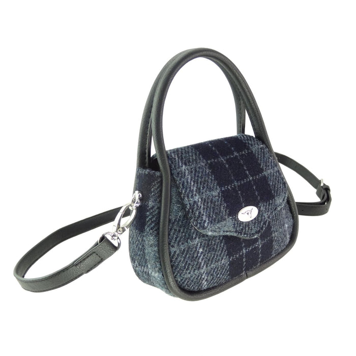 Harris Tweed Buchan Round Mini Handbag - Small Wool Handbag Made in UK - Heritage Of Scotland - Grey/Black Tartan (COL095)