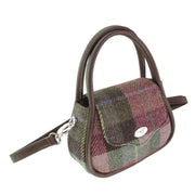 Harris Tweed Buchan Round Mini Handbag - Small Wool Handbag Made in UK - Heritage Of Scotland - Muted Green & Rose Pink Tartan (COL137)