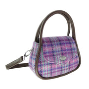 Harris Tweed Buchan Round Mini Handbag - Small Wool Handbag Made in UK - Heritage Of Scotland - Purple & Mint Check (COL146)