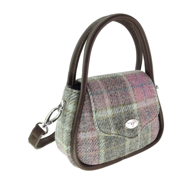 Harris Tweed Buchan Round Mini Handbag - Small Wool Handbag Made in UK - Heritage Of Scotland - Soft Pink Buchanan (COL134)