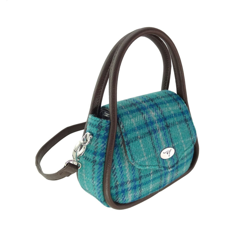 Harris Tweed Buchan Round Mini Handbag - Small Wool Handbag Made in UK - Heritage Of Scotland - Teal & Blue Check (COL145)