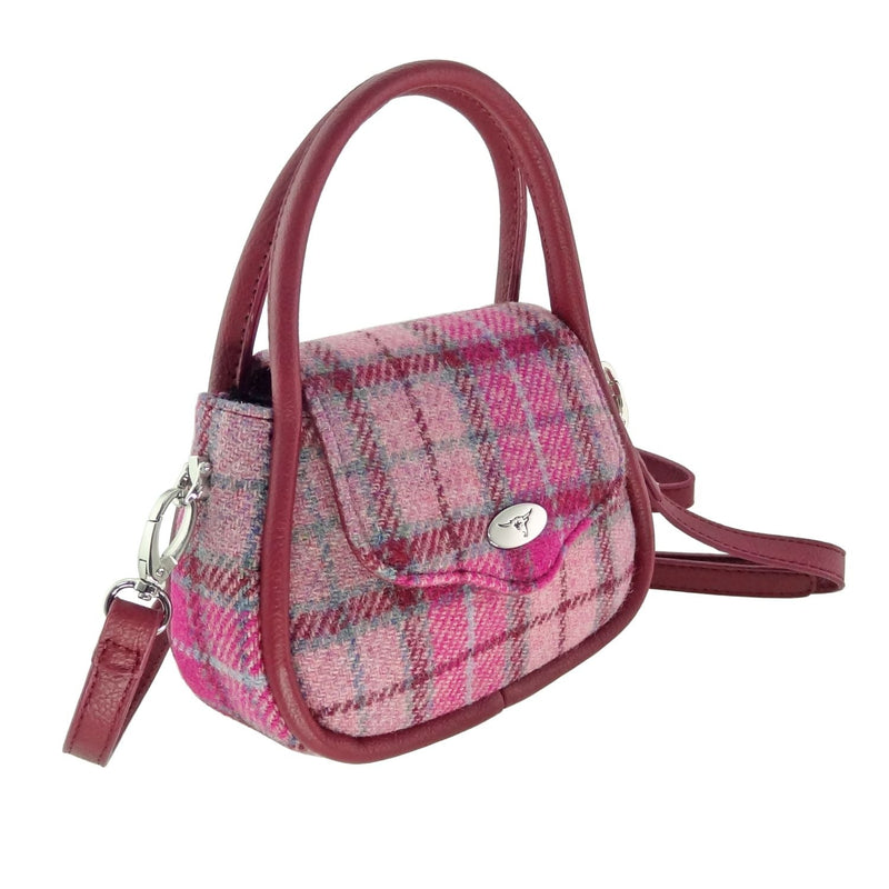 Harris Tweed Buchan Round Mini Handbag - Small Wool Handbag Made in UK - Heritage Of Scotland - Vibrant Pink Buchanan (COL138)