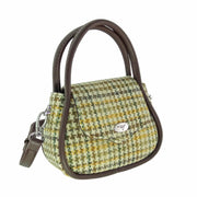 Harris Tweed Buchan Round Mini Handbag - Small Wool Handbag Made in UK - Heritage Of Scotland - Yellow, Green & Brown Dogtooth (COL149)