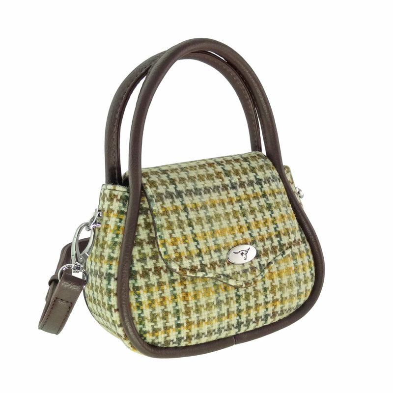 Harris Tweed Buchan Round Mini Handbag - Small Wool Handbag Made in UK - Heritage Of Scotland - Yellow, Green & Brown Dogtooth (COL149)