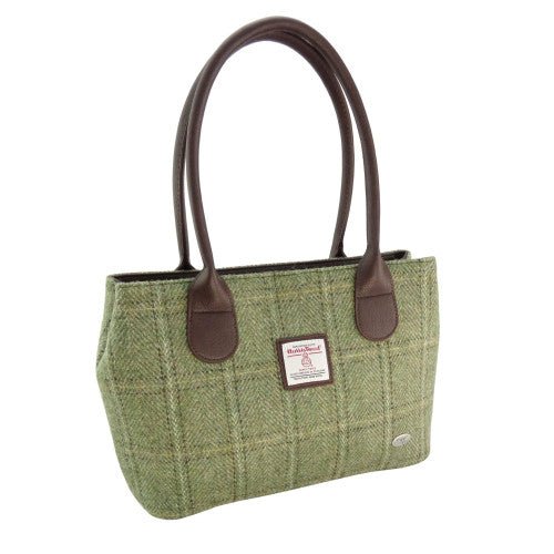 Harris Tweed Cassley Classic Handbag - Elegant Tartan Shoulder Bag - Green Herringbone with Overcheck (COL153) - Heritage Of Scotland -