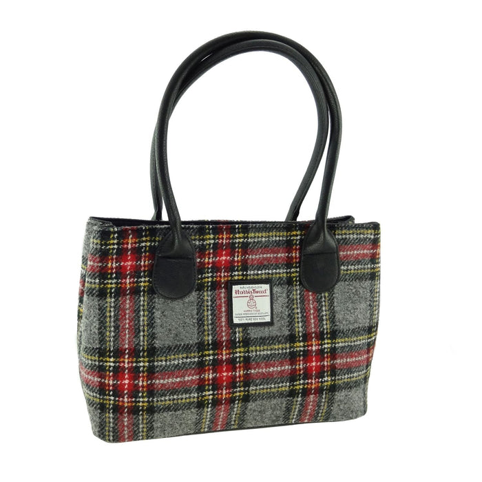 Harris Tweed Cassley Classic Handbag - Elegant Tartan Shoulder Bag - Heritage Of Scotland - Grey & Red Tartan (COL096)