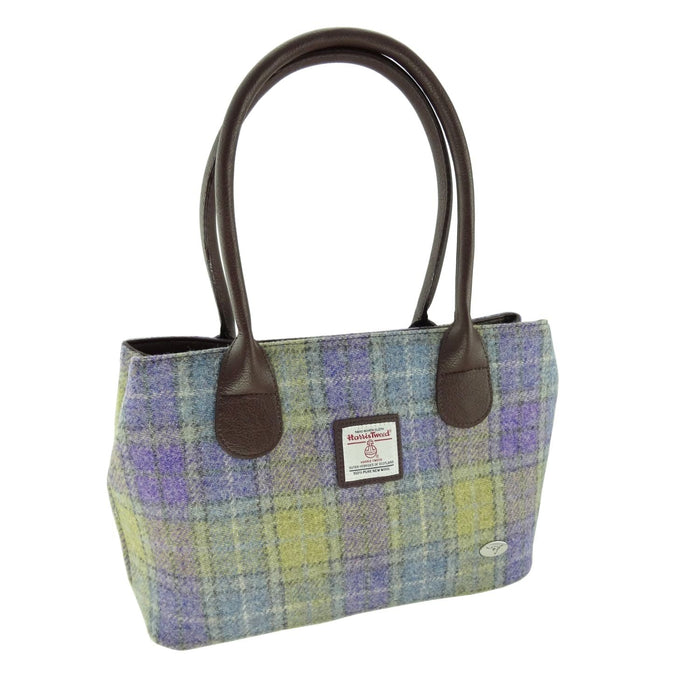 Harris Tweed Cassley Classic Handbag - Elegant Tartan Shoulder Bag - Heritage Of Scotland - Muted Lilac with Lime Green Tartan (COL112)
