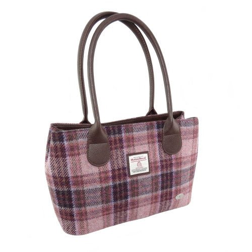 Harris Tweed Cassley Classic Handbag - Elegant Tartan Shoulder Bag - Pink/Burgundy Check (COL154) - Heritage Of Scotland -