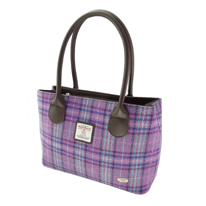 Harris Tweed Cassley Classic Handbag - Elegant Tartan Shoulder Bag - Heritage Of Scotland - Purple & Mint Check (COL146)