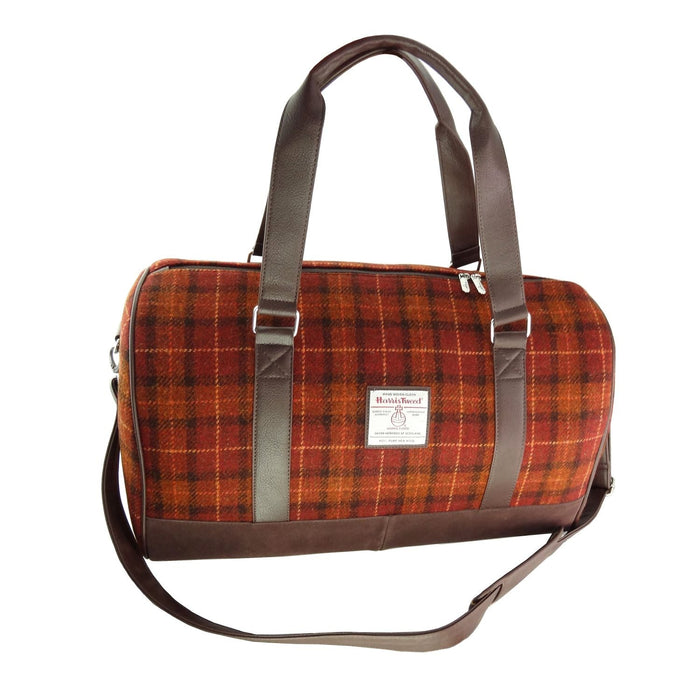 Harris Tweed Clyde Weekend Bag – Spacious Wool Travel Holdall - Heritage Of Scotland - Rust with Orange Overcheck (COL117)