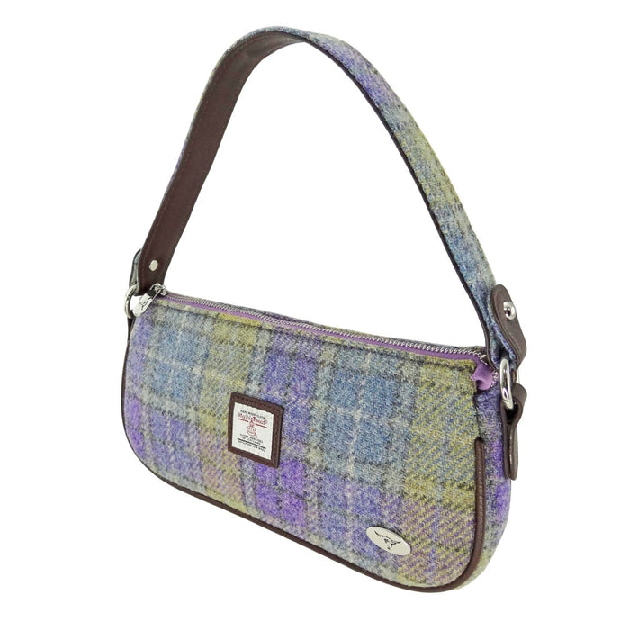 Harris Tweed Duchray Baguette Bag - Classic Tartan Shoulder Bag - Heritage Of Scotland - Muted Lilac with Lime Green Tartan (COL112)