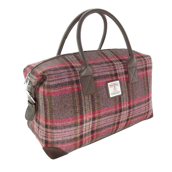 Harris Tweed Esk Overnight Bag - Large Travel Bag Made in UK - Heritage Of Scotland - Burgundy & Pink Stewart Tartan (COL144)