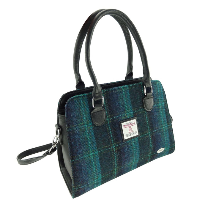 Harris Tweed Findhorn Curved Bottom Handbag - Midi Tote with Adjustable Strap - Heritage Of Scotland - Blue with Turquoise Overcheck (COL119)