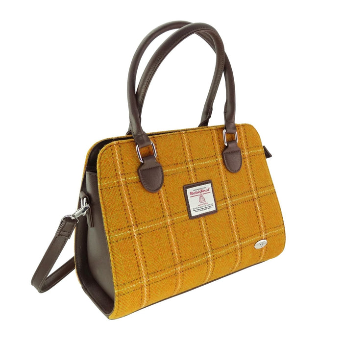Harris Tweed Findhorn Curved Bottom Handbag - Midi Tote with Adjustable Strap - Heritage Of Scotland - Mustard with Overcheck (COL130)