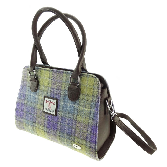 Harris Tweed Findhorn Curved Bottom Handbag - Midi Tote with Adjustable Strap - Heritage Of Scotland - Muted Lilac with Lime Green Tartan (COL112)