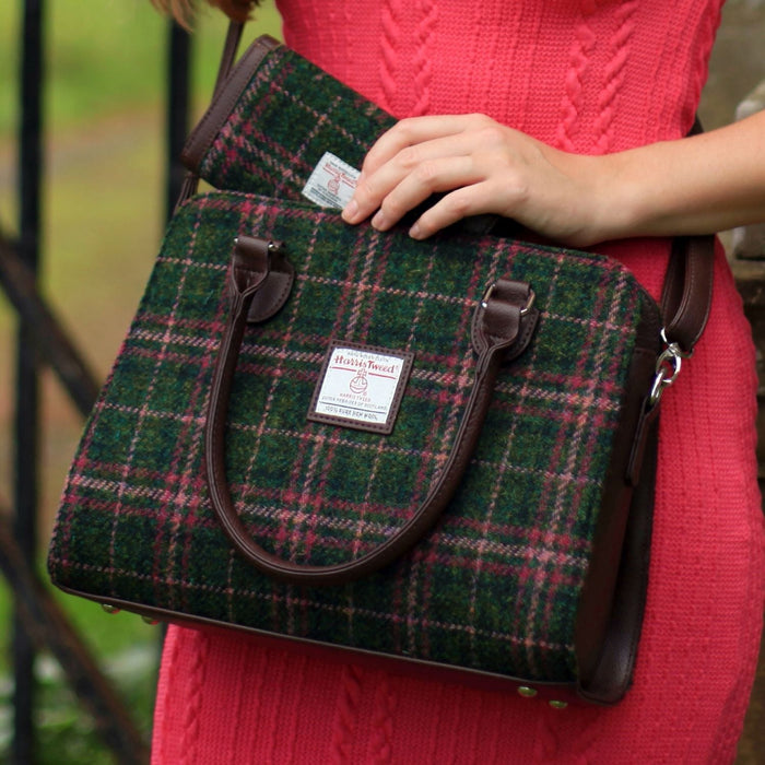 Harris Tweed Findhorn Curved Bottom Handbag - Midi Tote with Adjustable Strap - Heritage Of Scotland - Red & Green Tartan (COL141)