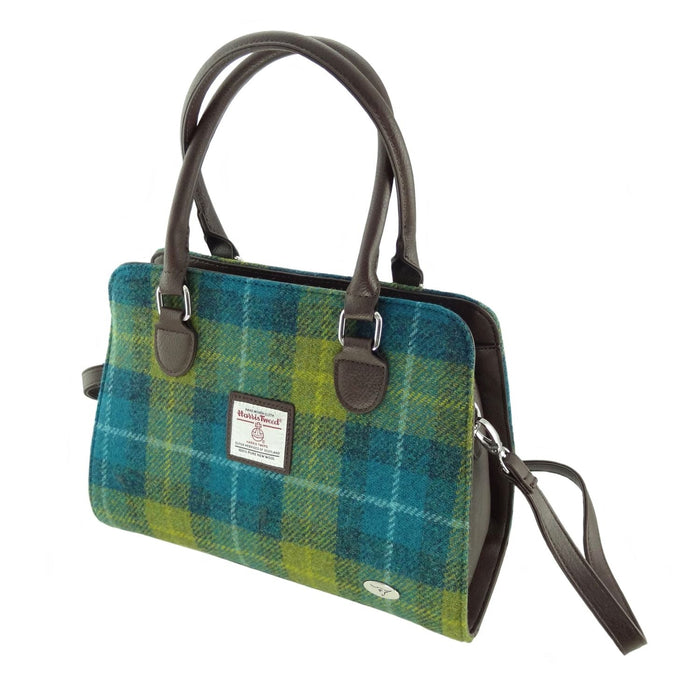 Harris Tweed Findhorn Curved Bottom Handbag - Midi Tote with Adjustable Strap - Heritage Of Scotland - Sea Blue with Green Tartan (COL114)
