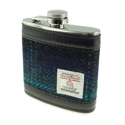 Harris Tweed Hip Flask Blue / Turquoise Overcheck - Heritage Of Scotland - Blue / Turquoise Overcheck