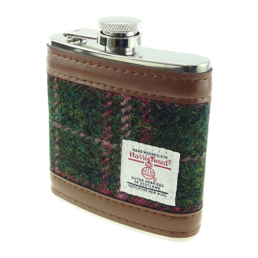 Harris Tweed Hip Flask Dark Green And Plum Check - Heritage Of Scotland - DARK GREEN AND PLUM CHECK