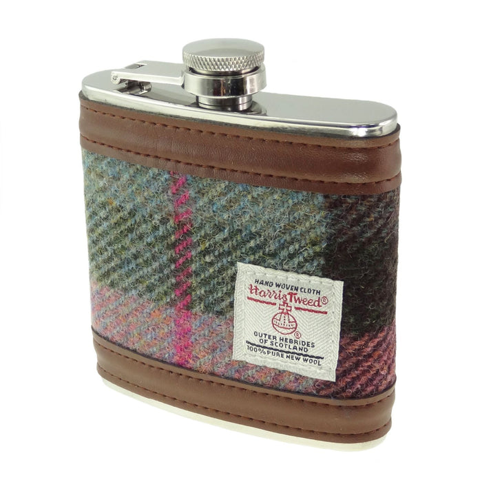 Harris Tweed Hip Flask Muted Green & Rose Pink Tartan - Heritage Of Scotland - MUTED GREEN & ROSE PINK TARTAN