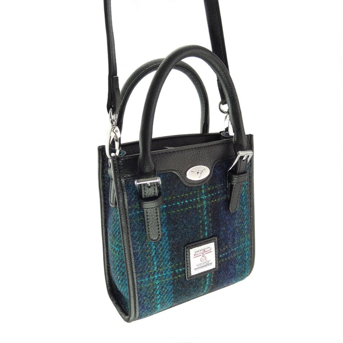 Harris Tweed Keltie Tall Mini Tote Bag - Wool Crossbody Tote - Heritage Of Scotland - Blue with Turquoise Overcheck (COL119)