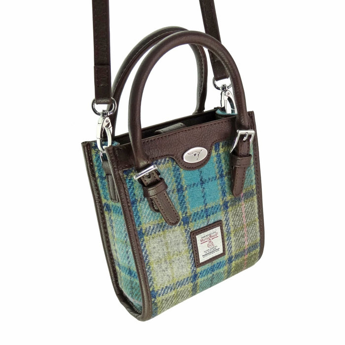 Harris Tweed Keltie Tall Mini Tote Bag - Wool Crossbody Tote - Heritage Of Scotland - Brown With Turquoise Tartan (COL122)