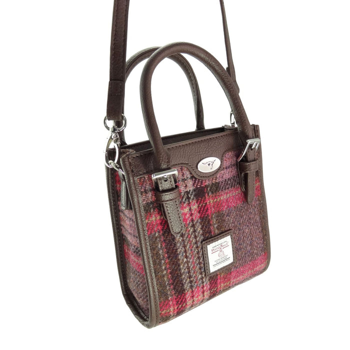 Harris Tweed Keltie Tall Mini Tote Bag - Wool Crossbody Tote - Heritage Of Scotland - Burgundy & Pink Stewart Tartan (COL144)