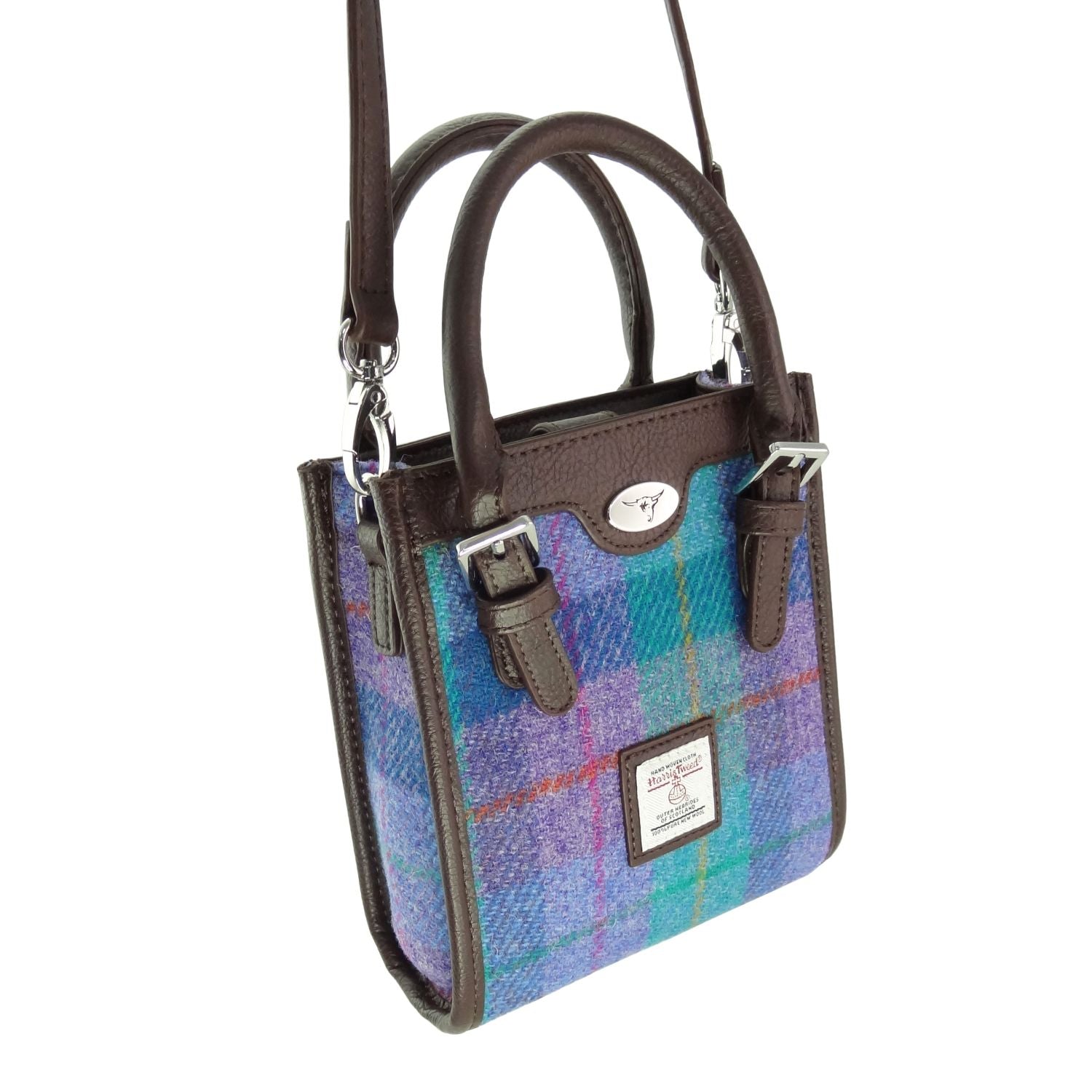 Harris Tweed Keltie Tall Mini Tote Bag - Wool Crossbody Tote - Heritage Of Scotland - Green & Purple Tartan (COL079)