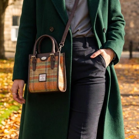Harris Tweed Keltie Tall Mini Tote Bag - Wool Crossbody Tote - MacLeod Tartan (COL015) - Heritage Of Scotland -