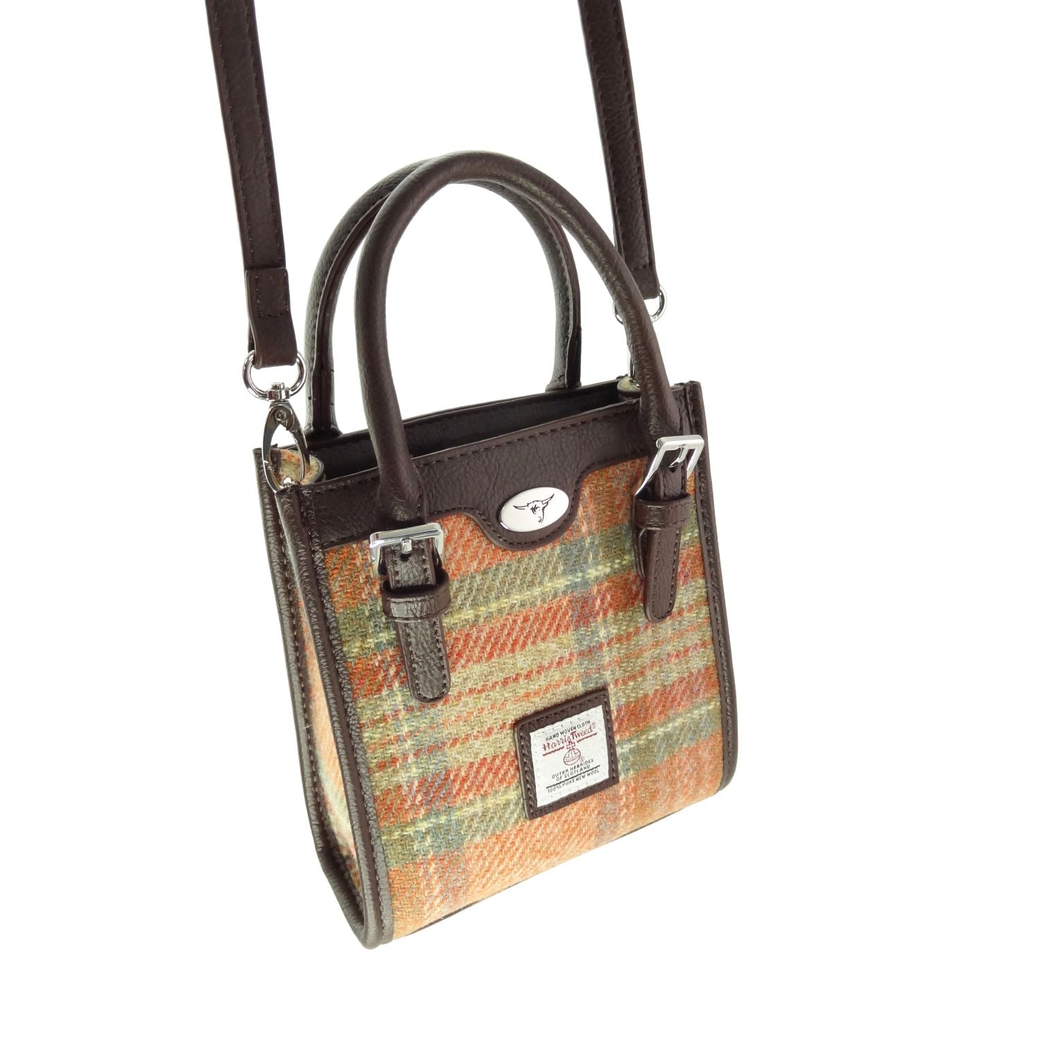 Harris Tweed Keltie Tall Mini Tote Bag - Wool Crossbody Tote - Heritage Of Scotland - Pale Orange Stewart Tartan (COL148)