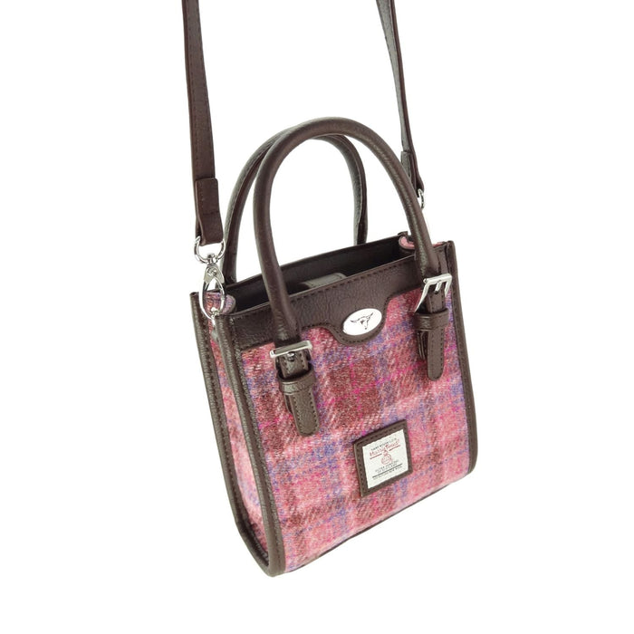 Harris Tweed Keltie Tall Mini Tote Bag - Wool Crossbody Tote - Heritage Of Scotland - Pink Check (COL103)
