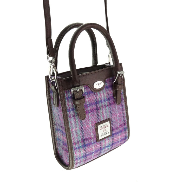 Harris Tweed Keltie Tall Mini Tote Bag - Wool Crossbody Tote - Heritage Of Scotland - Purple & Mint Check (COL146)