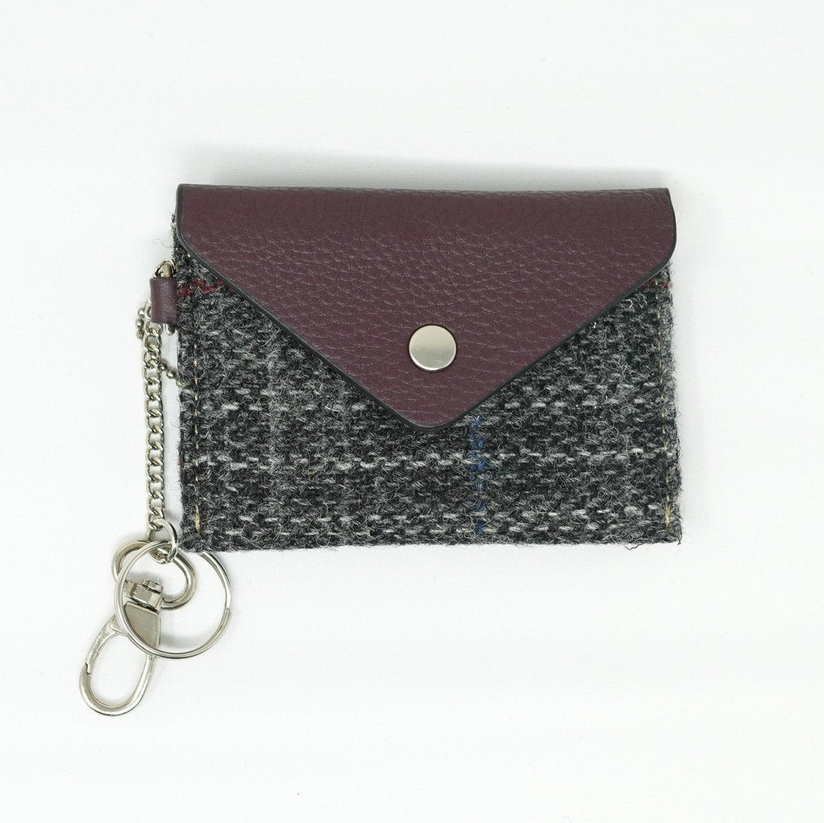 Harris Tweed Key Holder with Leather Flap - GREY & RED CHECK / MAROON - Heritage Of Scotland -