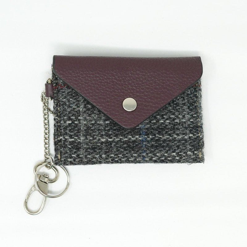 Harris Tweed Key Holder with Leather Flap - GREY & RED CHECK / MAROON - Heritage Of Scotland -