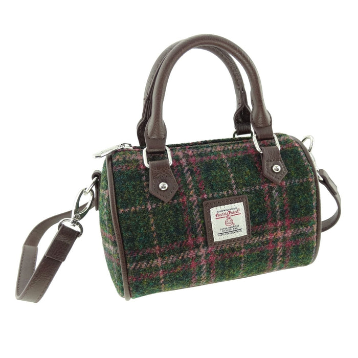 Harris Tweed Kilbride Mini Bowling Bag - Small Shoulder and Handbag - Heritage Of Scotland - Dark Green and Plum Check (COL107)