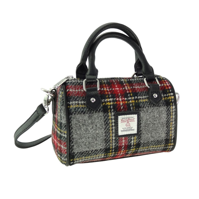 Harris Tweed Kilbride Mini Bowling Bag - Small Shoulder and Handbag - Heritage Of Scotland - Grey and Red Tartan (COL096)